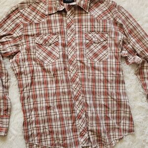 Vintage Mens Plaid Orange Western Wrangler Pearl Snap Size XL
